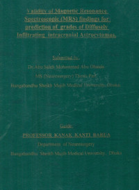 Image of Validity of Magnetic Resonance Spectroscopic (MRS) findings for prediction of grads of Diffusely Infiltrating Intracranial Astrocytomas