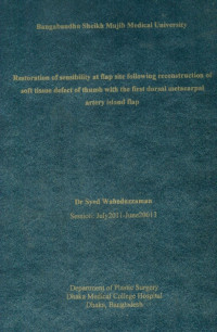 Image of Restoration of Sensibility at flap site following reconstruction of soft tissue defect of thumb with the fist dorsal metacarpal artery island  flap